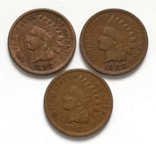 UNITED STATES INDAIN HEAD 1892 + 1900 + 1905 1 CENT (3 COINS)
