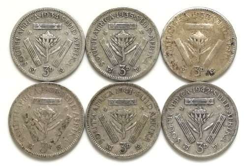 UNION 1934+1935+1937+1939+1941+1942 3 PENCE (6 COINS)