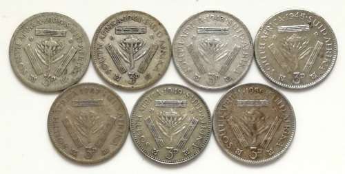 UNION 1939+1941+1943+1945+1947+1949+1950 3 PENCE (7 COINS)