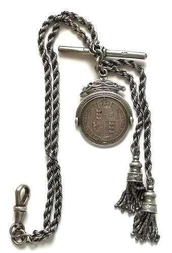 STERLING SILVER FOB CHAIN WITH 1887 SHILLING **CHAIN 420MM** **WEIGHT 32 GRAMS**