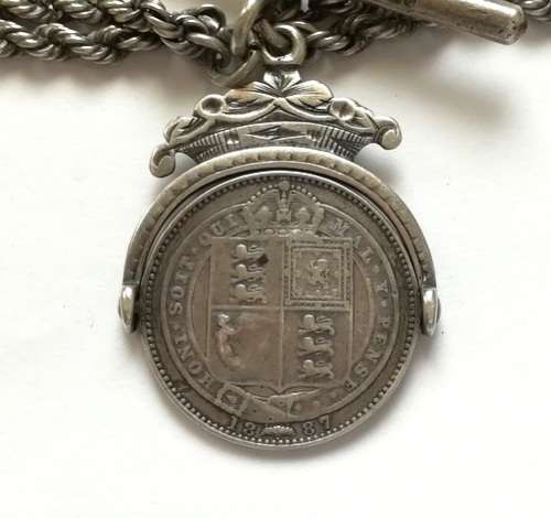 STERLING SILVER FOB CHAIN WITH 1887 SHILLING **CHAIN 420MM** **WEIGHT 32 GRAMS**