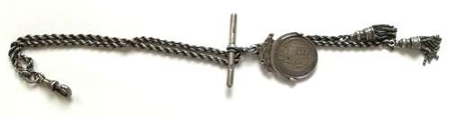 STERLING SILVER FOB CHAIN WITH 1887 SHILLING **CHAIN 420MM** **WEIGHT 32 GRAMS**