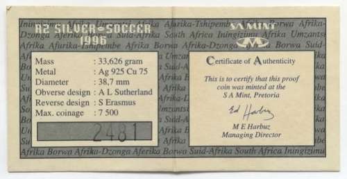 1996 2 RAND 1 OUNCE **SILVER** PROOF COIN "AFRICAN CUP OF NATIONS"