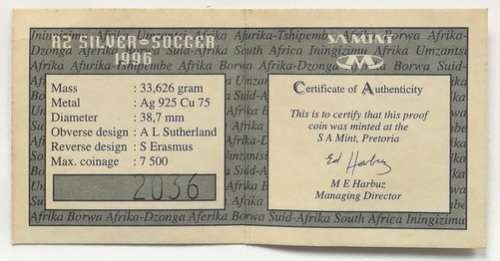 1996 2 RAND 1 OUNCE **SILVER** PROOF COIN "AFRICAN CUP OF NATIONS"
