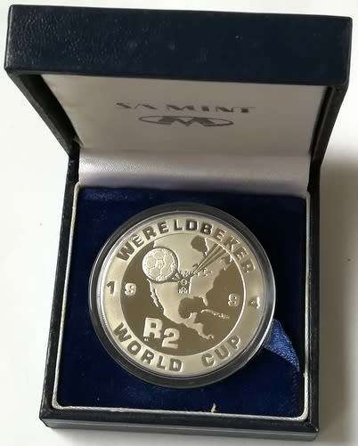 1994 2 RAND 1 OUNCE **SILVER** PROOF COIN "WORLD CUP"