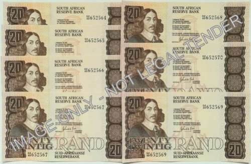 GERHARD DE KOCK 1981 2ND ISSUE 20 RAND VF+ 7 NOTES SEQUENCE **BID PER NOTE**