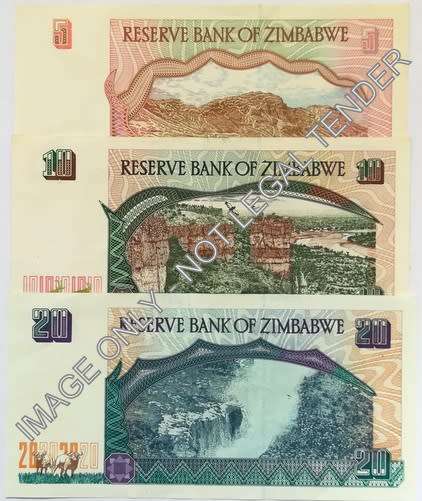 ZIMBABWE 1997 5+10+20 DOLLARS 3 NOTES
