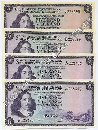 T W DE JONGH 5 RAND 1ST ISSUE 4 NOTES SEQUENCE **BID PER NOTE**