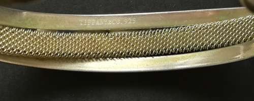 TIFFANY + CO STERLING SILVER .925 OPEN BANGLE WITH MESH INSET WILL FIT 22CM WRIST **EXCELLENT**