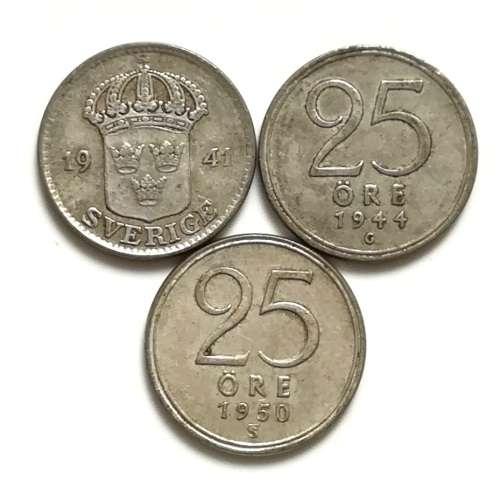 SWEDEN 1941+1944+1950 SILVER 25 ORE (3 COINS)