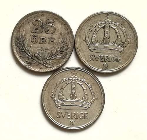 SWEDEN 1941+1944+1950 SILVER 25 ORE (3 COINS)