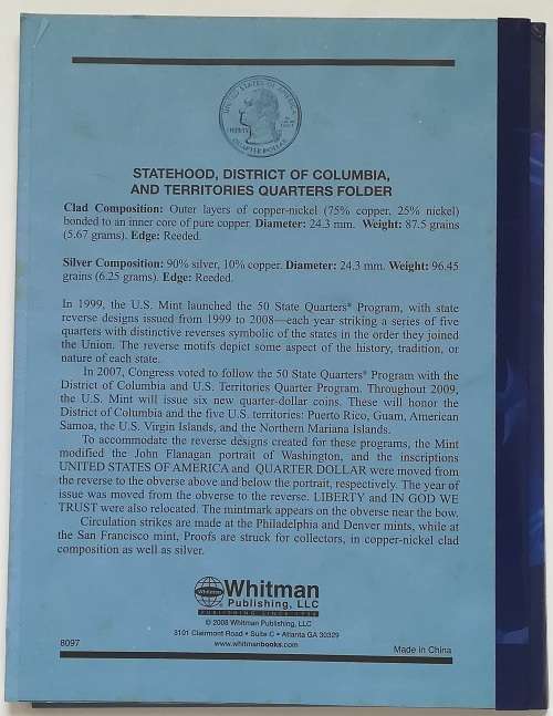 STATEHOOD QUARTERS FOLDER COMPLETE SET 1999-2009 MISSING 2