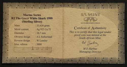 1999 SILVER PROOF R2 - THE GREAT WHITE SHARK S A M BOXED