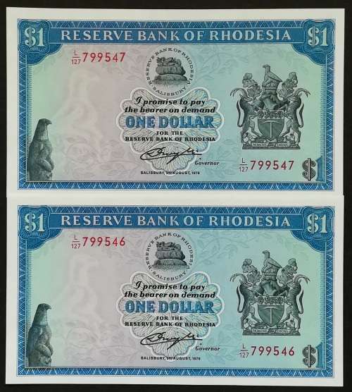RHODESIA 1979 1 DOLLAR 2 NOTES SEQUENCE UNC BIRD WATERMARK