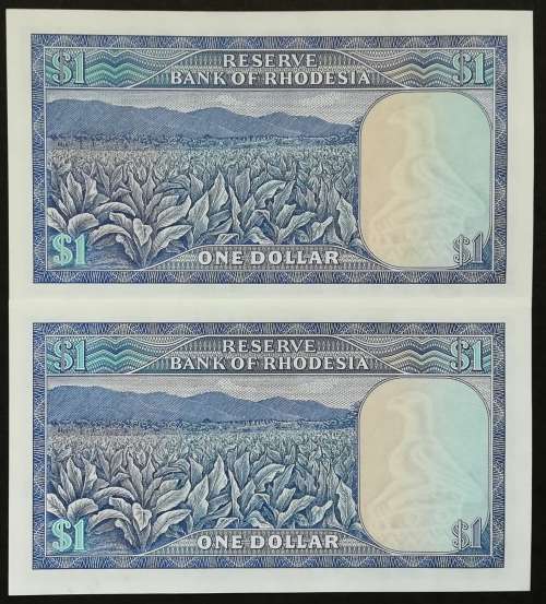 RHODESIA 1979 1 DOLLAR 2 NOTES SEQUENCE UNC BIRD WATERMARK