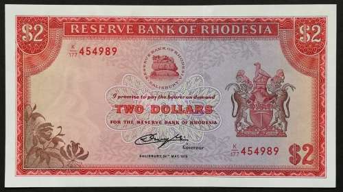 RHODESIA 1979 2 DOLLAR EF BIRD WATERMARK