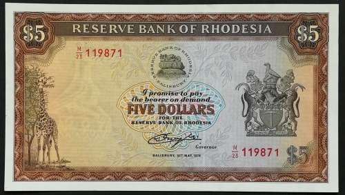 RHODESIA 1979 5 DOLLARS VF BIRD WATERMARK
