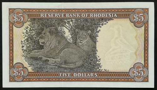RHODESIA 1979 5 DOLLARS VF BIRD WATERMARK