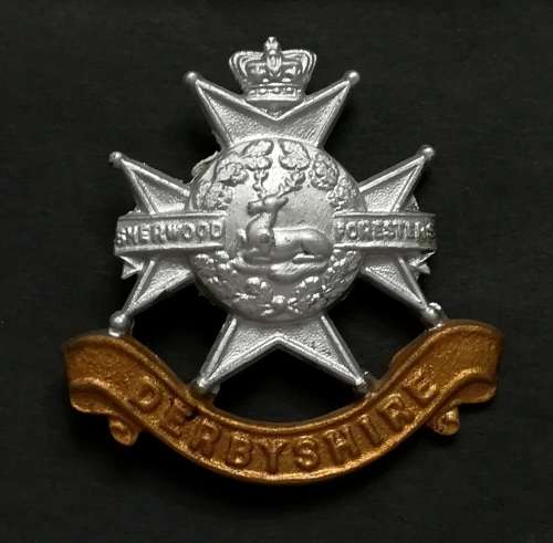 BRITISH ARMY THE SHERWOOD FORRESTERS DERBYSHIRE REGIMENT 40X45MM (PINS MISSING)
