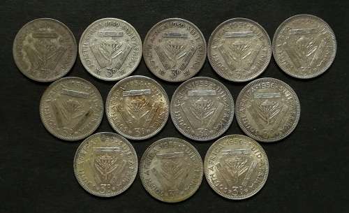 UNION 1948 TO 1959 3 PENCE **ALL DATES** (12 COINS)