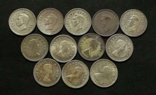 UNION 1948 TO 1959 3 PENCE **ALL DATES** (12 COINS)