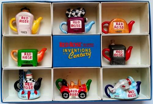 WADE INVENTIONS OF THE CENTURY `RED ROSES TEA` MINIATURES TEA POTS BOXED