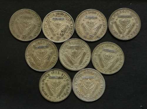 UNION 1948-1956 3 PENCE **ALL DATES** (9 COINS)