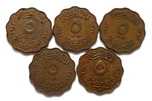 EGYPT FAROUK 5 MILLIEMES (5 COINS)