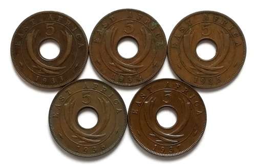 BRITISH EAST AFRICA 1933+1934+1935+1936+1937 5 CENTS (5 COINS)