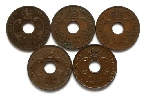 BRITISH EAST AFRICA 1933+1934+1935+1936+1937 5 CENTS (5 COINS)
