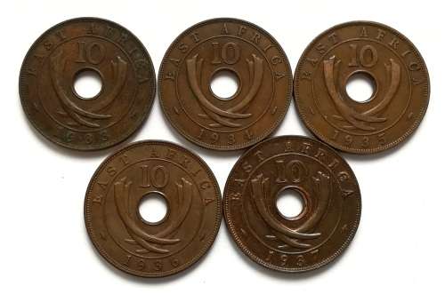 BRITISH EAST AFRICA 1933+1934+1935+1936+1936 10 CENTS (5 COINS)