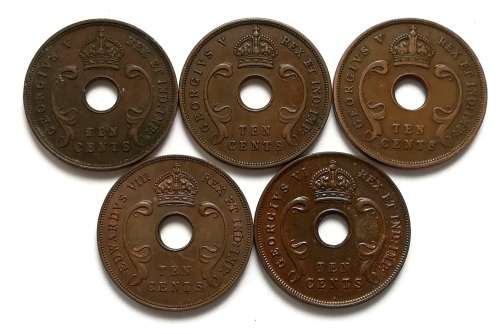 BRITISH EAST AFRICA 1933+1934+1935+1936+1936 10 CENTS (5 COINS)