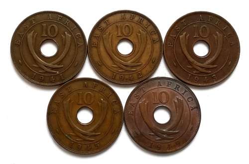 BRITISH EAST AFRICA 1941+1942+1943+1945+1949 10 CENTS (5 COINS)