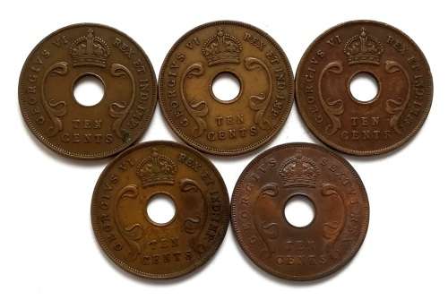 BRITISH EAST AFRICA 1941+1942+1943+1945+1949 10 CENTS (5 COINS)