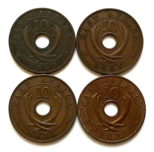 BRITISH EAST AFRICA 1933+1935+1936+1937 10 CENT (4 COINS)