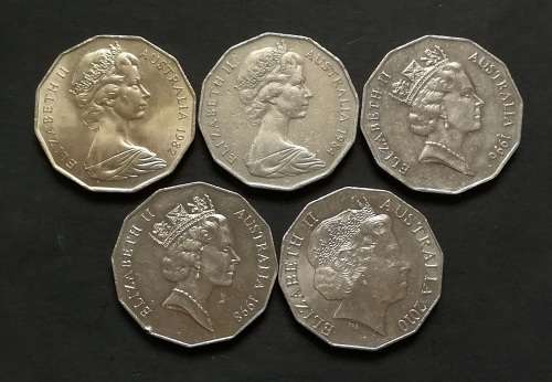 AUSTRALIA1982+1984+1996+1998+2010 50 CENTS (5 COINS)