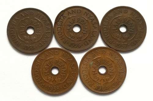 RHODESIA  + NYASALAND 1955+1956+1957+1958+1964 1/2 PENNY (5 COINS)