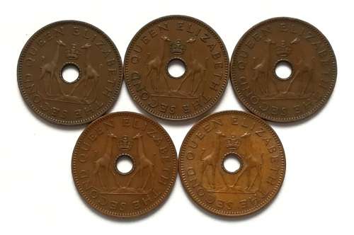 RHODESIA  + NYASALAND 1955+1956+1957+1958+1964 1/2 PENNY (5 COINS)