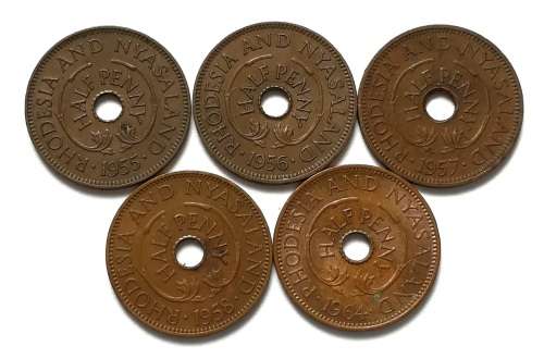 RHODESIA  + NYASALAND 1955+1956+1957+1958+1964 1/2 PENNY (5 COINS)