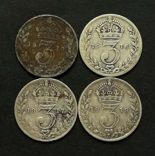 GREAT BRITAIN 1913+1916+1917+1919 SILVER 3 PENCE (4 COINS)