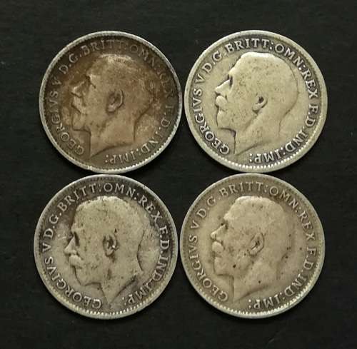 GREAT BRITAIN 1913+1916+1917+1919 SILVER 3 PENCE (4 COINS)