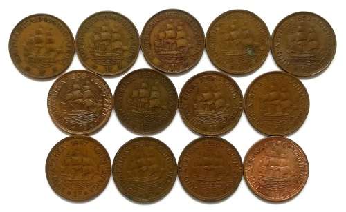 UNION 1948 TO 1960 PENNY ALL DATES (13 COINS)