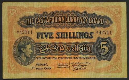 1939 THE EAST AFRICAN CURRENCY BOARD 5 SHILLINGS NOTE