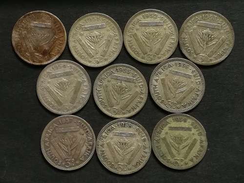UNION 1950 TO 1959 3 PENCE ALL DATES (10 COINS)