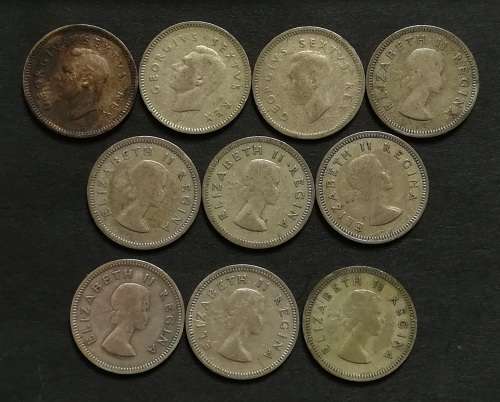 UNION 1950 TO 1959 3 PENCE ALL DATES (10 COINS)