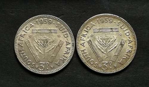 UNION 1959 3 PENCE KG + NO KG (2 COINS)