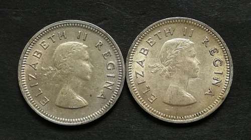 UNION 1959 3 PENCE KG + NO KG (2 COINS)