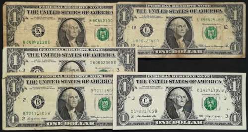MIXED LOT OF 5 UNITED STATES 1 DOLLAR NOTES