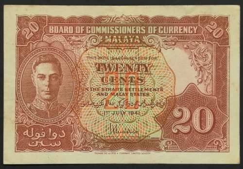 **RARE** 1941 MALAYA STRAITS SETTLEMENTS 20 CENTS GEORGE V1 BANKNOTE