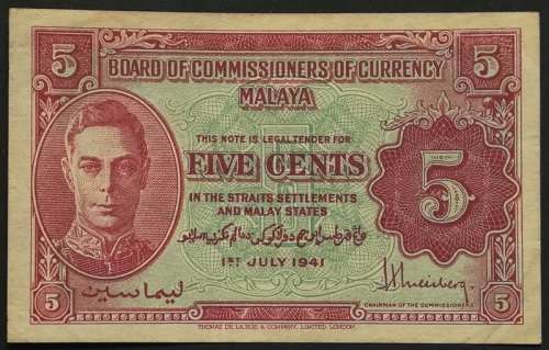 **RARE** 1941 MALAYA STRAITS SETTLEMENTS 5 CENTS GEORGE V1 BANKNOTE